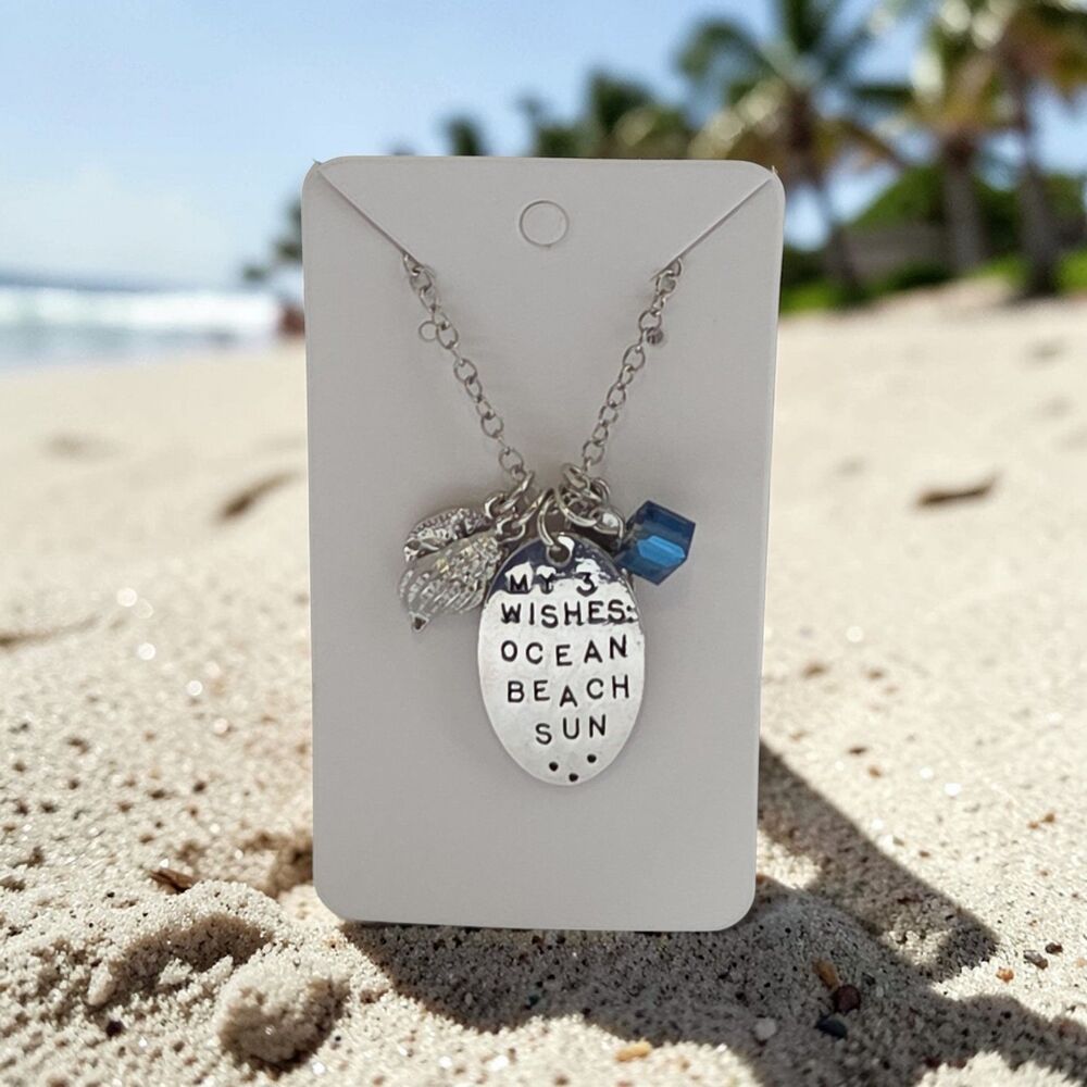 Beach Charm Necklace – "My 3 Wishes: Ocean Beach Sun" Silver Tone Pendan